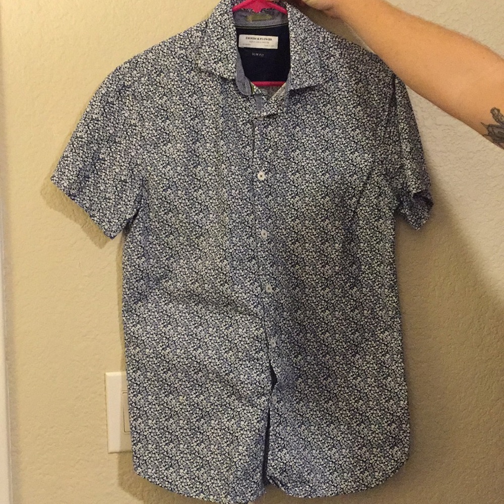 Navy blue and white floral button down